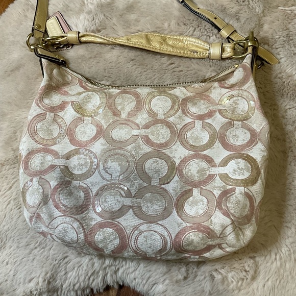 Coach Kristin Op Art Shoulder Bag Pink Cream Sequin Convertible Strap #16791 - Picture 10 of 15